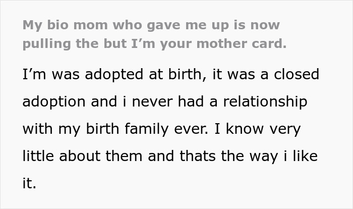 Screenshot of text from an adoptee describing no relationship with birth family and sharing feelings on closed adoption.