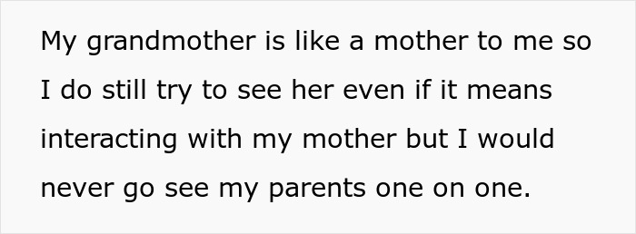 Text showing a personal reflection on family dynamics involving a grandmother, mother, and parents at a family dinner.