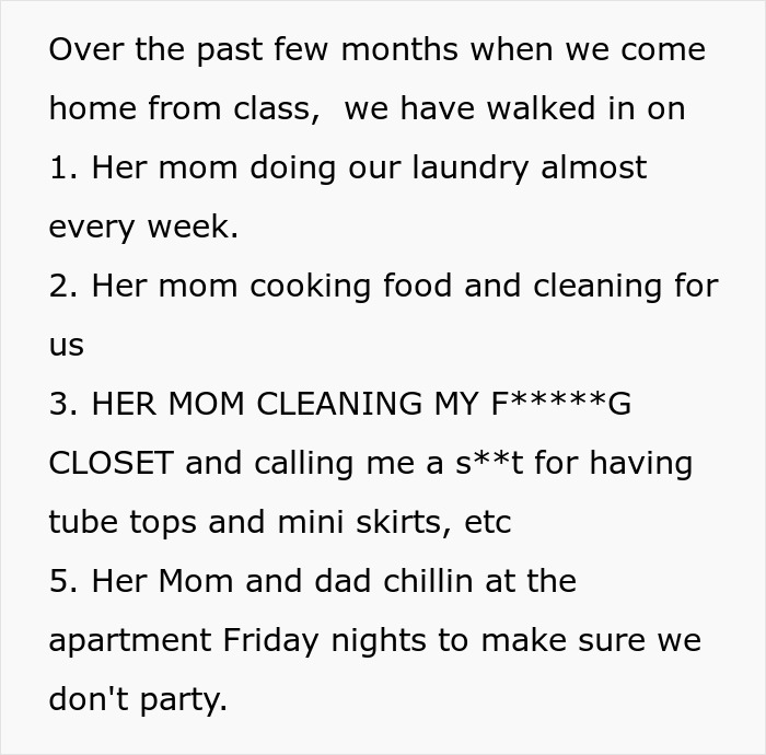 Text excerpt describing a woman stunned as roommate&rsquo;s parents use spare key to enter and act like babysitters.