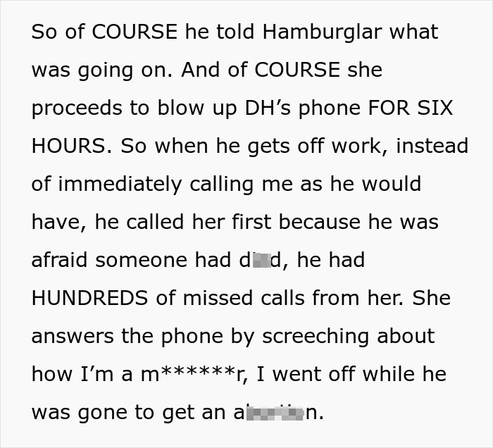 Text excerpt showing a detailed account of a conflict involving a "Hamburglar" step-mom stealing food and causing tension.