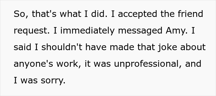 Text excerpt showing a man apologizing for a crude drawing and explaining how he befriended the woman who drew it.