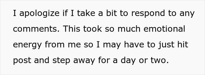 Text expressing apology for delayed responses due to emotional energy spent on postpartum boundaries and difficult family retaliation.