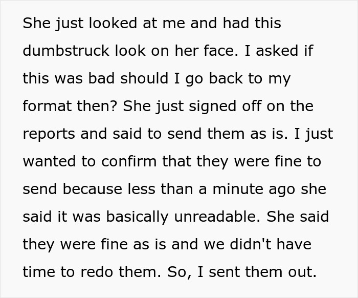 Text excerpt showing a boss calling a report basically unreadable then shocked to learn it is her own report.