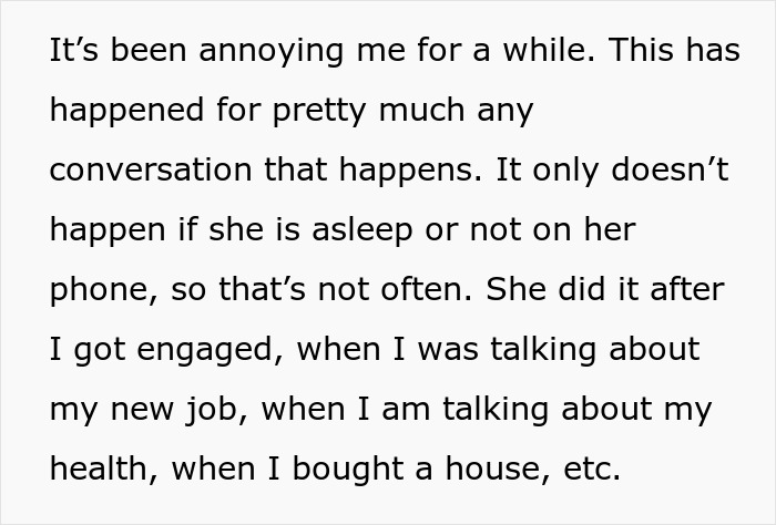 Text excerpt describing a mom who interrupts sister&rsquo;s conversations by bringing up her kids during multiple topics.