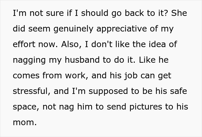 Text message expressing hesitation about nagging husband to send pictures to his mom after work stress. Text message expressing hesitation about nagging husband to send pictures to his mom after work stress.