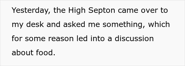 Text on a white background describing a conversation about food that led to a discussion involving a boss and weight comments.