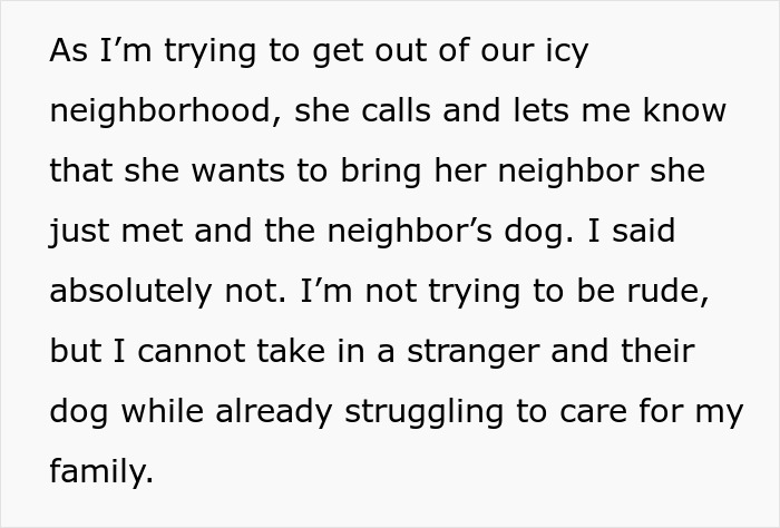 Text showing a person refusing to house a neighbor and their dog during a snowstorm, highlighting rising tensions.
