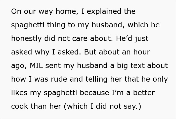 Text excerpt about MIL accusing woman of rudeness over spaghetti, highlighting tension between woman and mother-in-law.