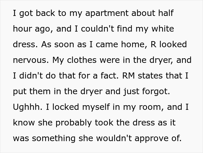 Text excerpt about a woman feeling stunned as roommate&rsquo;s parents use spare key to enter and act like babysitters.