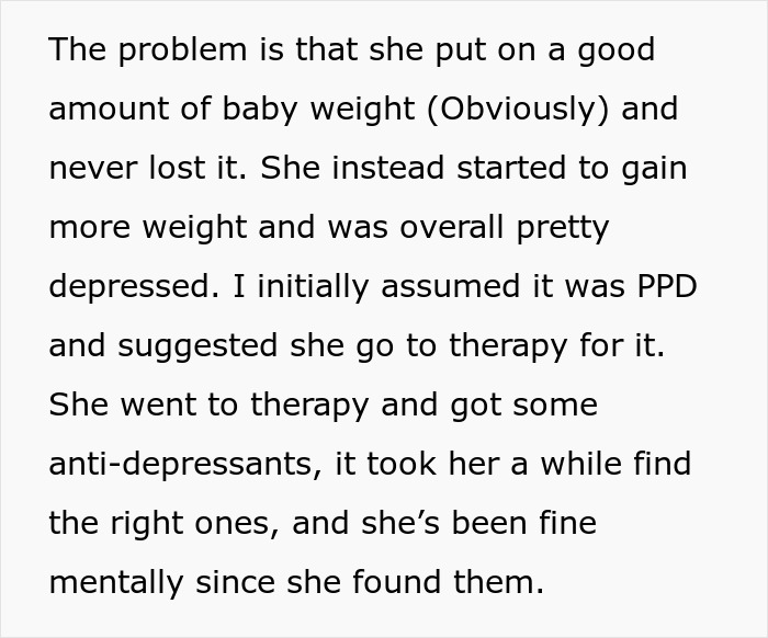 Text describing a husband struggling to accept his wife's weight gain and emotional challenges after childbirth.