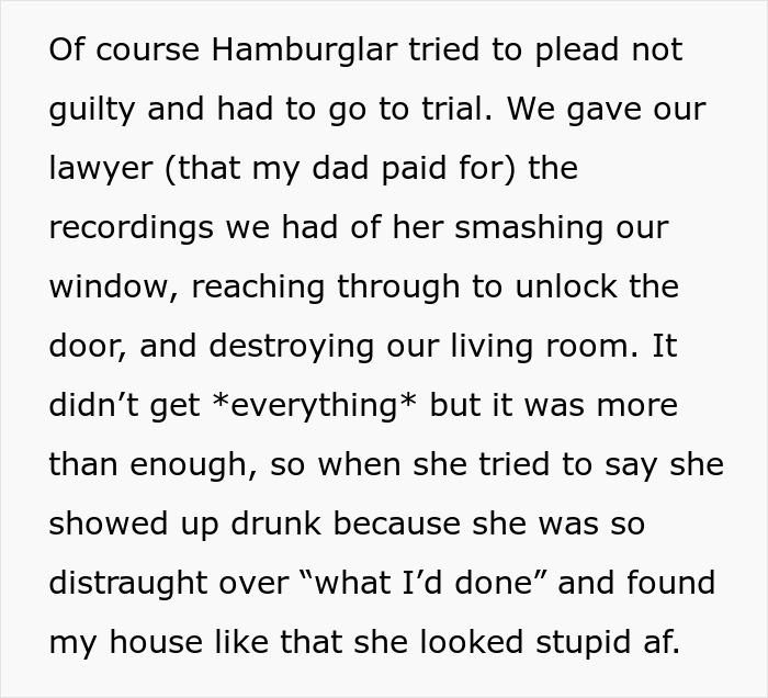 Text describing a couple’s step-mom called Hamburglar stealing food and causing home damage leading to a CPS visit.
