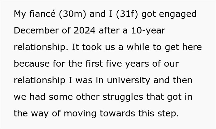 Text excerpt about an engaged couple sharing their relationship history before the wedding planning stage.