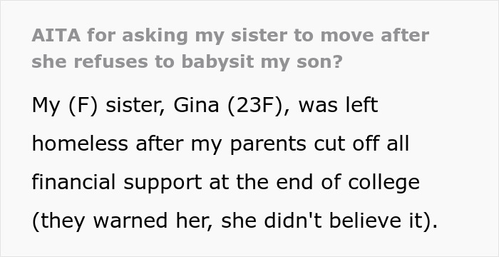 Text post about a woman refusing to house her sister after she refuses to babysit and clean.