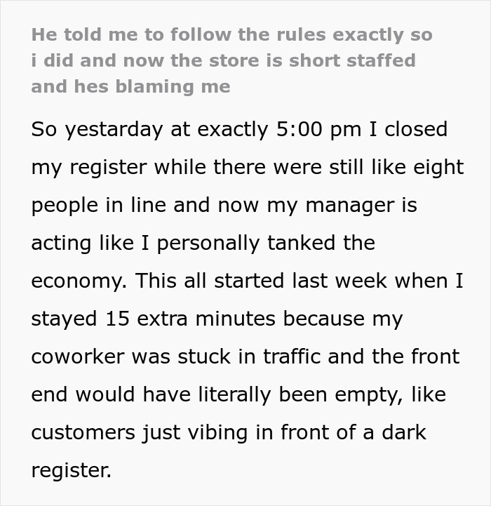 Cashier follows overtime rules during crisis, causing manager to lose patience over short-staffed store situation.