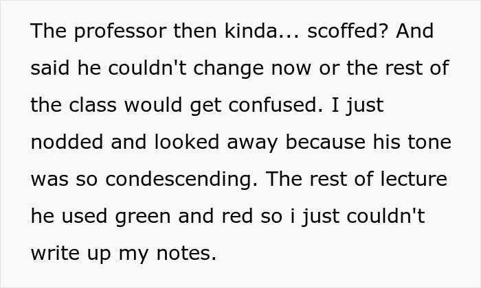 Text excerpt about a professor ignoring a colorblind student's needs by using green and red in lecture notes.
