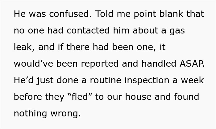 Text excerpt discussing confusion over a gas leak during family move-in situation involving family conflict.