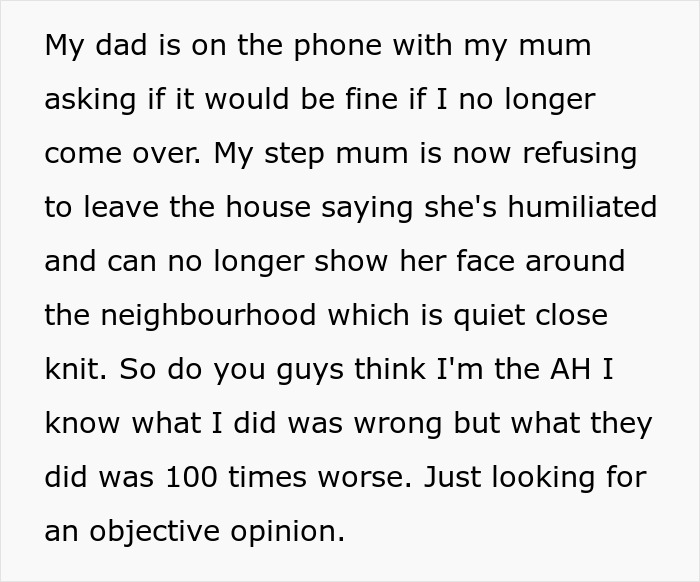 Text excerpt discussing a tense step mother relationship and the impact of an affair on family dynamics and neighborhood.