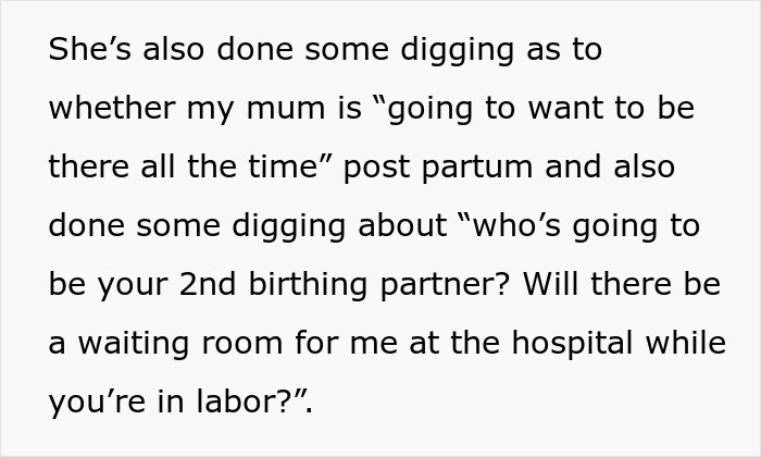 Text on a white background discussing concerns about a pregnant woman uncomfortable with mil actions during postpartum and labor.