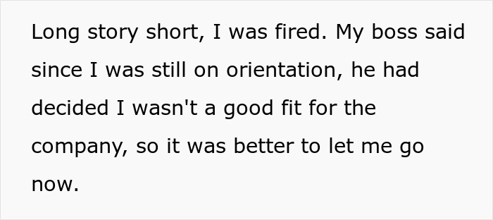 Screenshot of a text explaining being fired during orientation after a crude drawing incident at work.