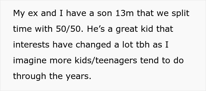 Text post discussing shared custody of a 13-month-old son, unrelated to cheating ex-wife's boyfriend stealing expensive Lego sets.