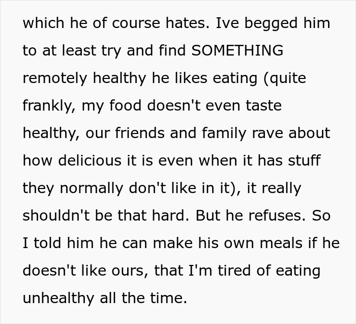 Wife Refuses To Eat "Garbage" Anymore, Husband Claims He's Being Starved By Her Healthy Meals