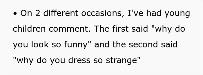 Bulleted text describing comments from young children about strange dressing style triggering childhood trauma.