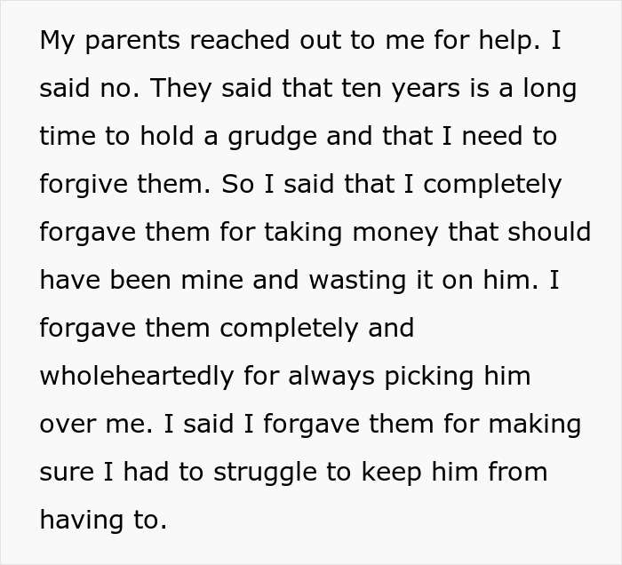 Text showing a personal story about parents' favoritism causing resentment and refusal to help the favored child.