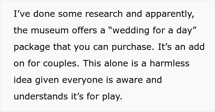 Text excerpt discussing the museum's wedding for a day package related to boyfriend fake proposal love museum.