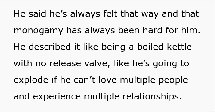 Text explaining a man in a poly relationship describing monogamy as difficult and feeling pressure with a depressed wife.