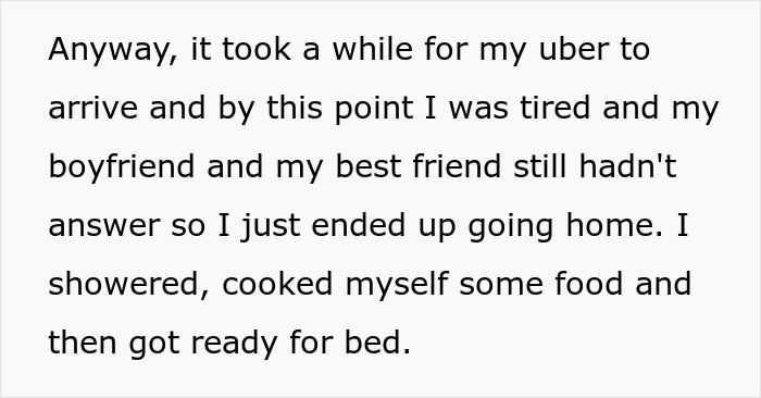 Text on a gray background describing a woman&rsquo;s experience of being abandoned by her boyfriend on date night and feeling horrified after learning the reason.