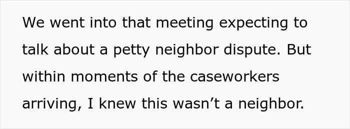 Text excerpt about a meeting revealing a shocking postpartum boundary retaliation situation beyond a neighbor dispute.