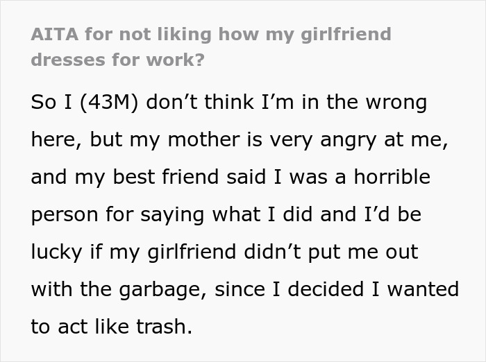 Screenshot of a man sharing his story about wanting his girlfriend to stop dressing like Ms. Frizzle and facing backlash online.