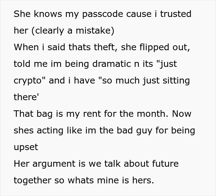 Text describing a girlfriend using a phone and bag, highlighting trust and relationship conflicts over shared belongings.