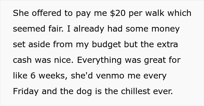 Text describing neighbor dog walking pay deserts with $20 offered per walk and regular payments via Venmo.
