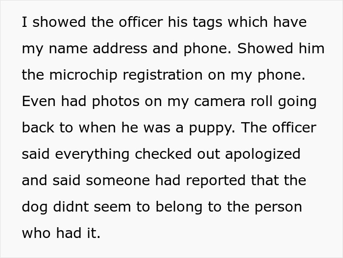 Text showing a dog owner proving ownership with tags and microchip after being falsely reported to animal control.