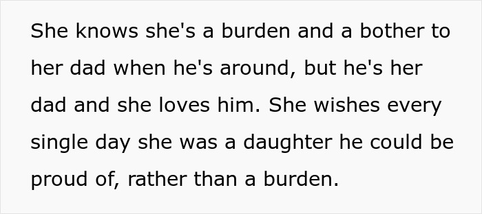 Text describing a woman&rsquo;s tragic story about feeling like a burden to her father in a heartfelt message.