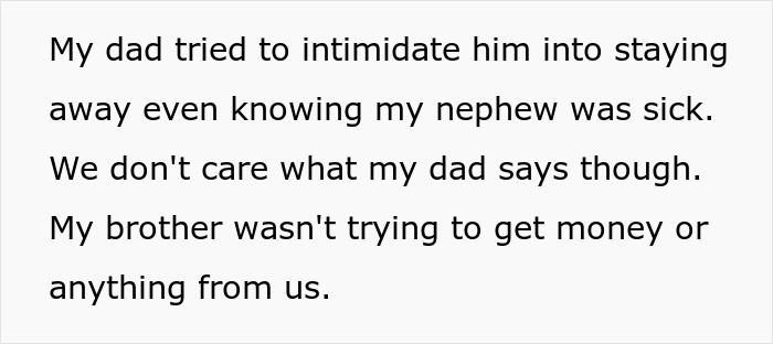 Text excerpt discussing family conflict after woman learns father had secret son, revealing tensions and attempts at intimidation.