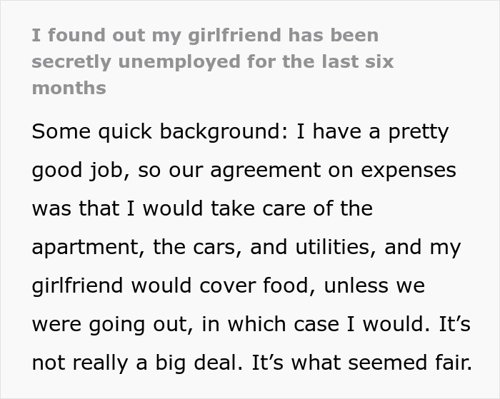 Text post revealing discovery of girlfriend secretly unemployed for six months, sharing background on financial agreement.