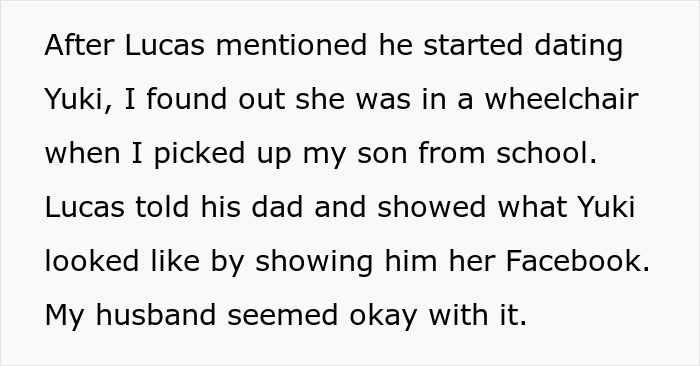 Text describing a concerned ableist dad worried about his 13-year-old son&rsquo;s relationship with a wheelchair user.