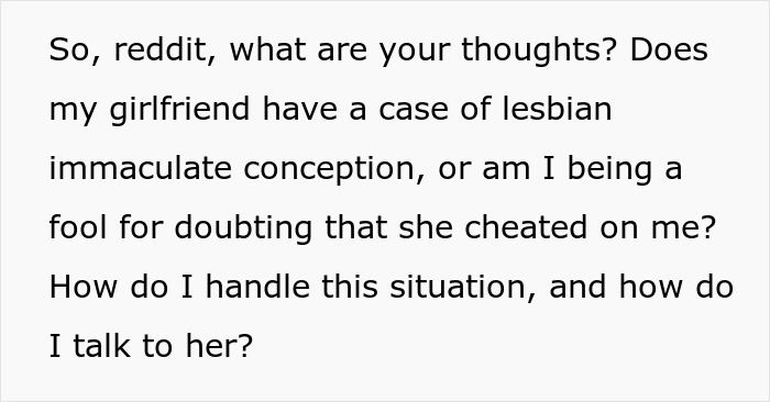 Text discussing confusion in a lesbian couple about pregnancy and doubts about faithfulness in the relationship.