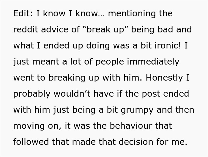 Text excerpt discussing reddit advice on breaking up and explaining the behavior that led to breakup decision.
