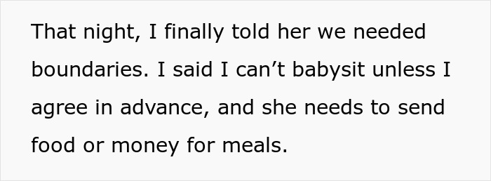 Text excerpt about setting boundaries for babysitting and requiring food or money for meals from entitled mom and childfree bestie story.