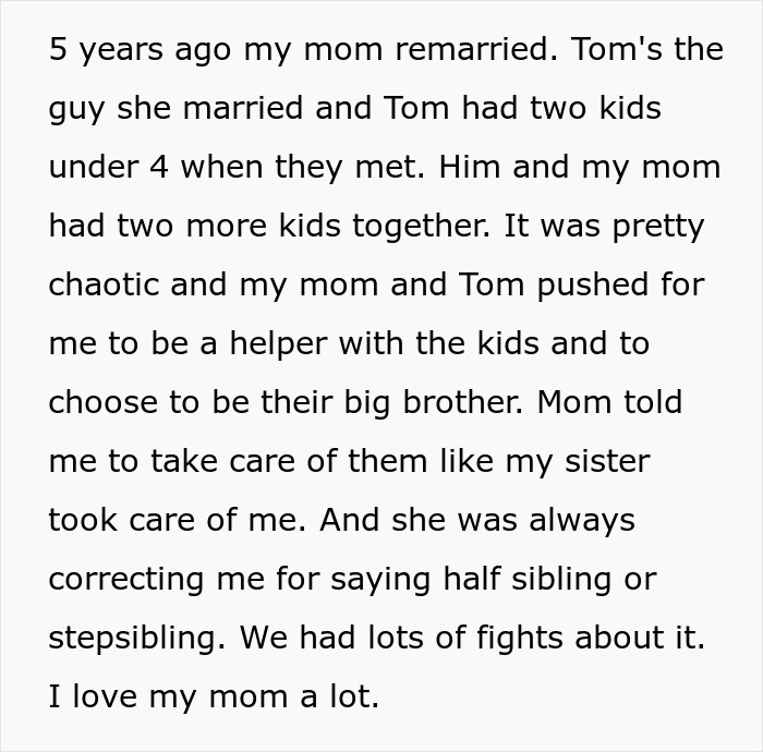 Text explaining a teen overwhelmed with being a third parent to seven kids at his mom&rsquo;s house.