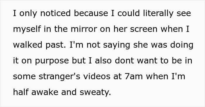Woman rolls her eyes at gym while calling guy a creep after he asks her to stop filming him on screen.
