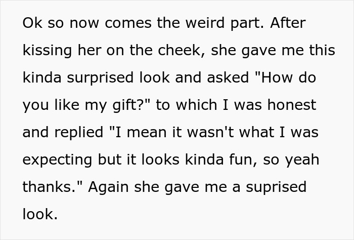 Text excerpt showing a woman upset while her boyfriend likes her gift, contrary to her expectation to be dumped.