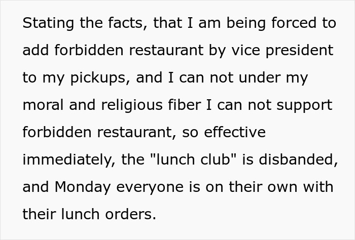 Text on a white background about a workplace lunch club disbanding due to moral objections and entitlement issues.