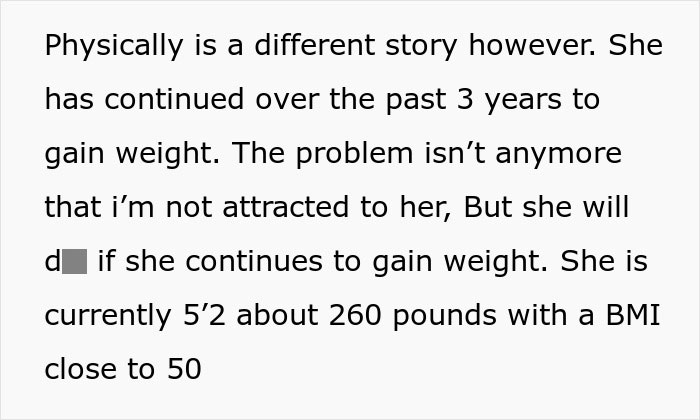 Text excerpt showing a husband's struggle to accept his wife&rsquo;s significant weight gain and related concerns.