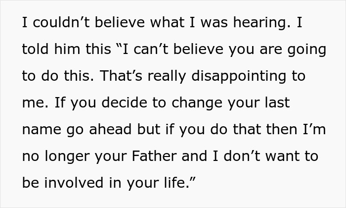 Text excerpt showing drama over last name change with father saying he is no longer the father if name changes.