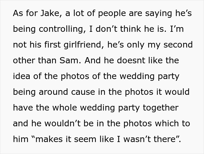 Text excerpt showing a boyfriend expressing discomfort over his girlfriend doing maid of honor duties at a friend&rsquo;s wedding.