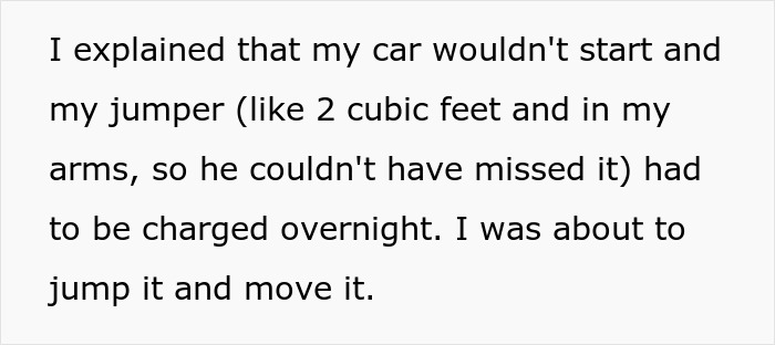 Text showing a guy explaining why his car wouldn’t start and his jumper had to be charged overnight before moving it. Text showing a guy explaining why his car wouldn’t start and his jumper had to be charged overnight before moving it.